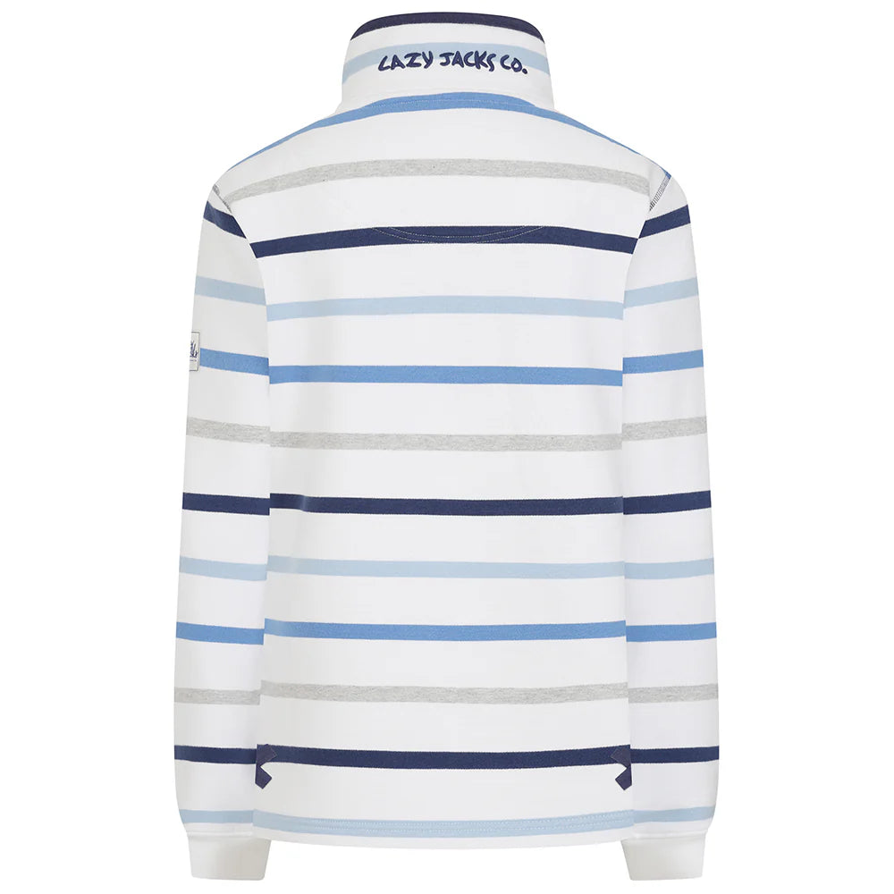 Lazy Jacks Ladies Striped Button Neck Sweatshirt - Blues