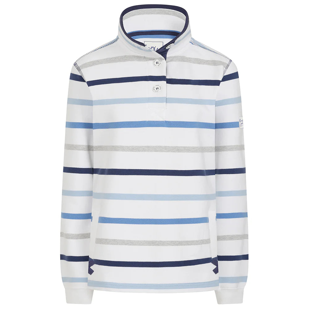 Lazy Jacks Ladies Striped Button Neck Sweatshirt - Blues