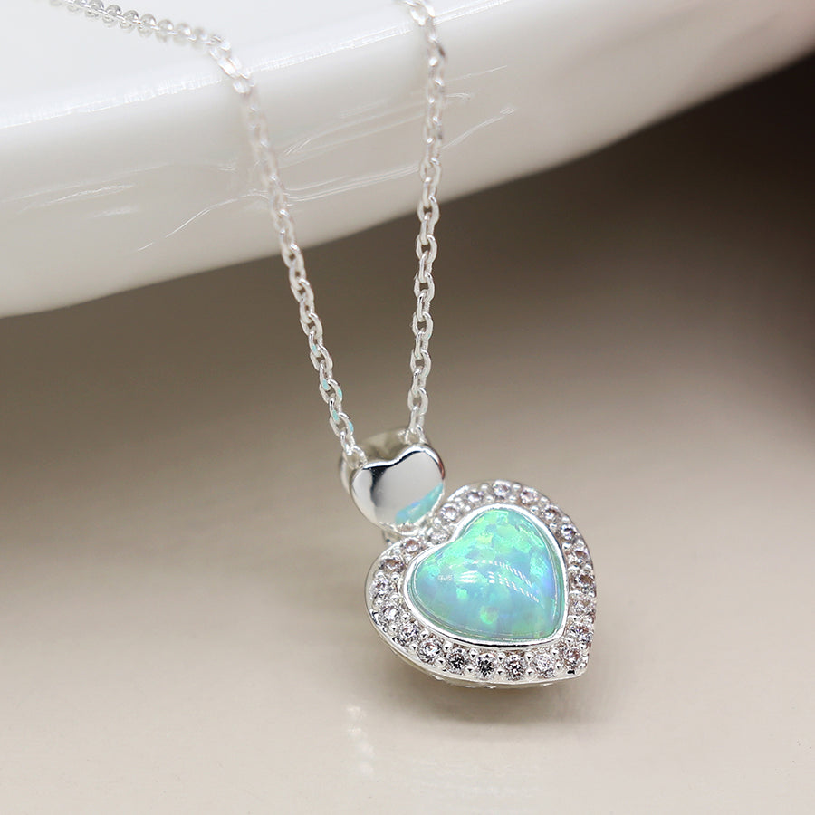 Pom Silver Plated Blue Faux Opal Heart Necklace With Crystal Border