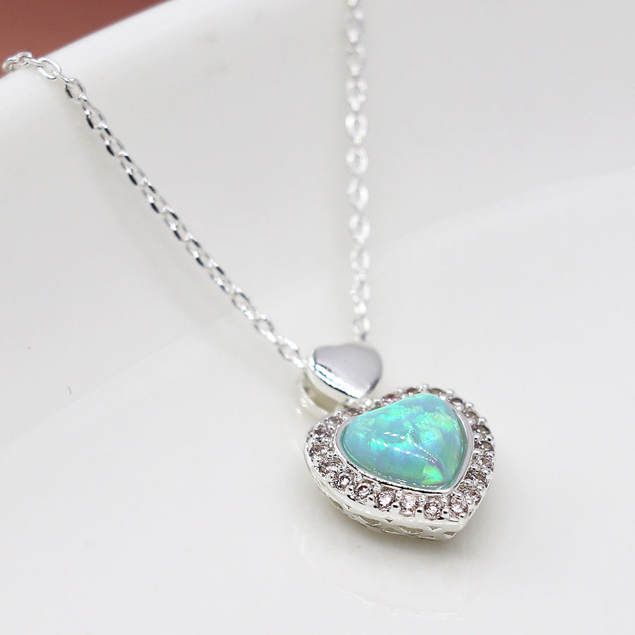 Pom Silver Plated Blue Faux Opal Heart Necklace With Crystal Border