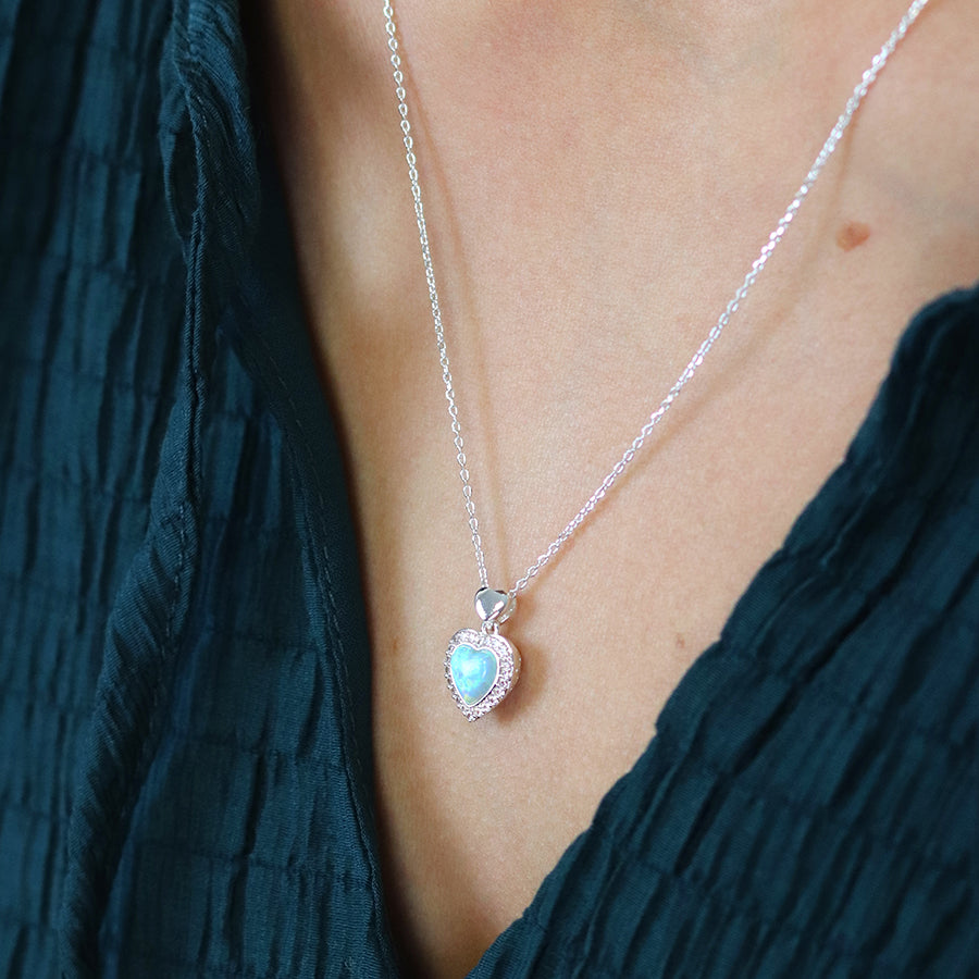 Pom Silver Plated Blue Faux Opal Heart Necklace With Crystal Border