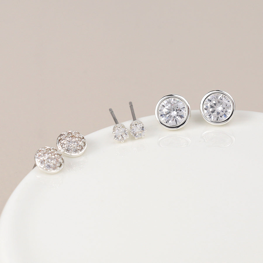 Pom Silver Plated Triple Pack Round Crystal Stud Set