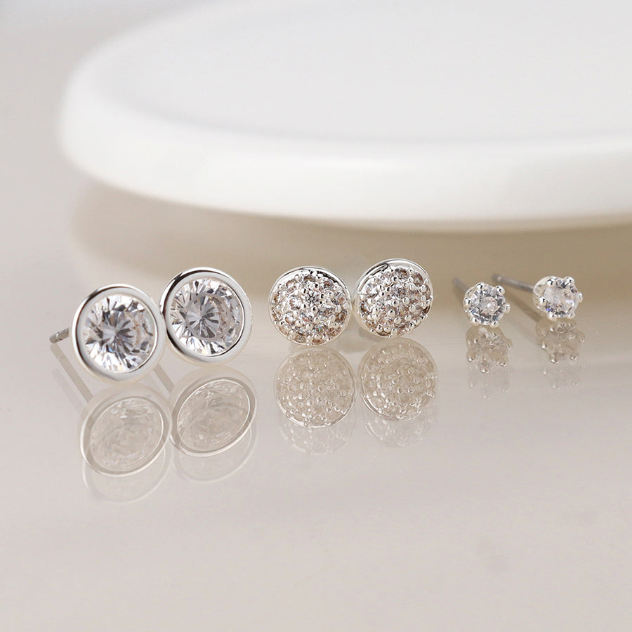 Pom Silver Plated Triple Pack Round Crystal Stud Set
