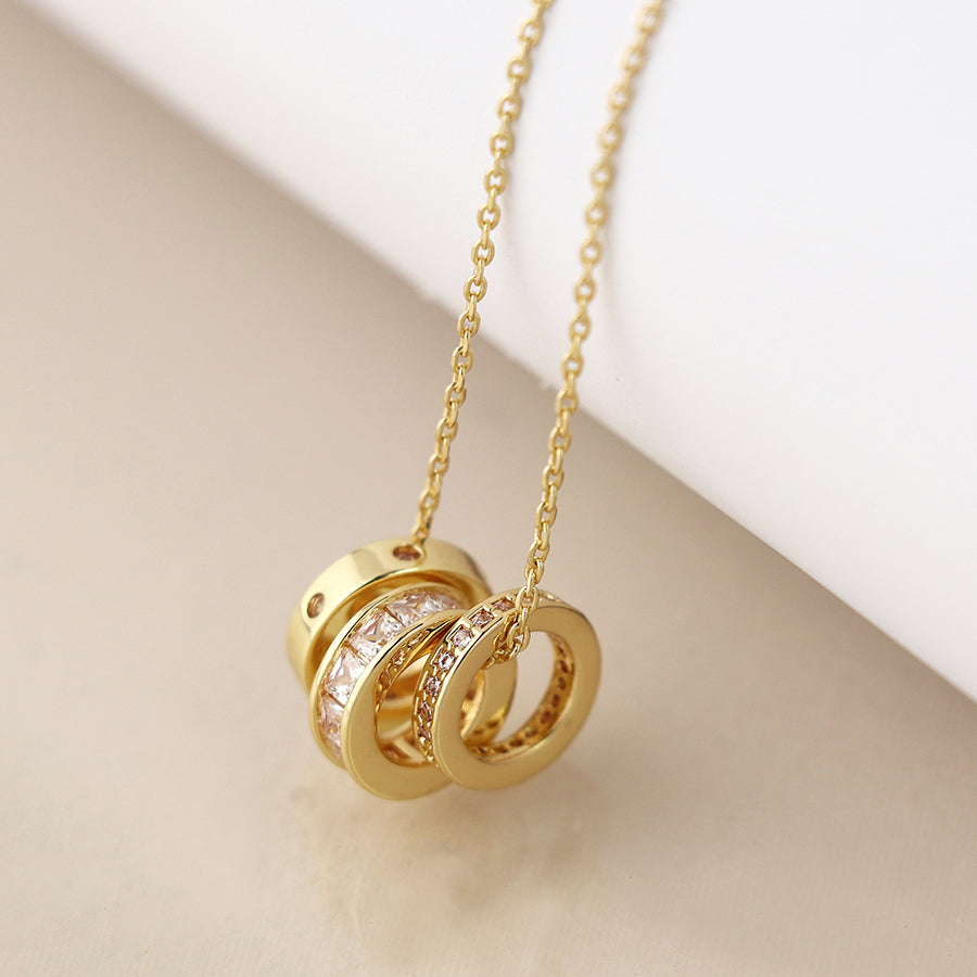 Pom Faux Gold Triple Mini Crystal Rings Necklace