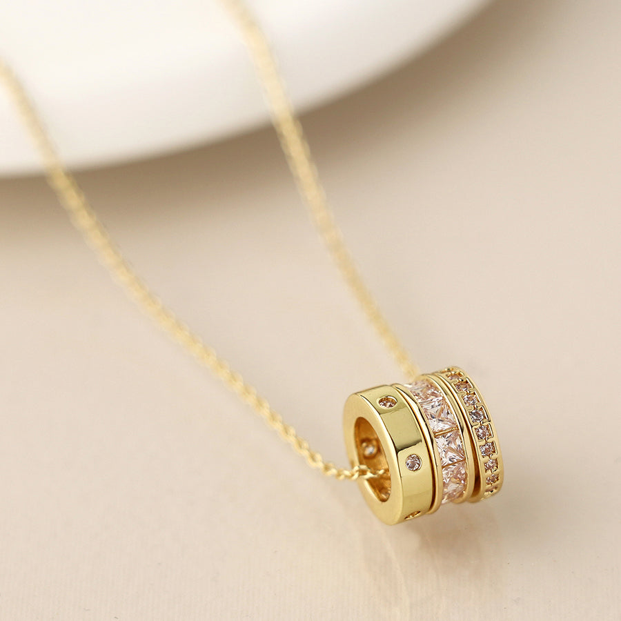 Pom Faux Gold Triple Mini Crystal Rings Necklace