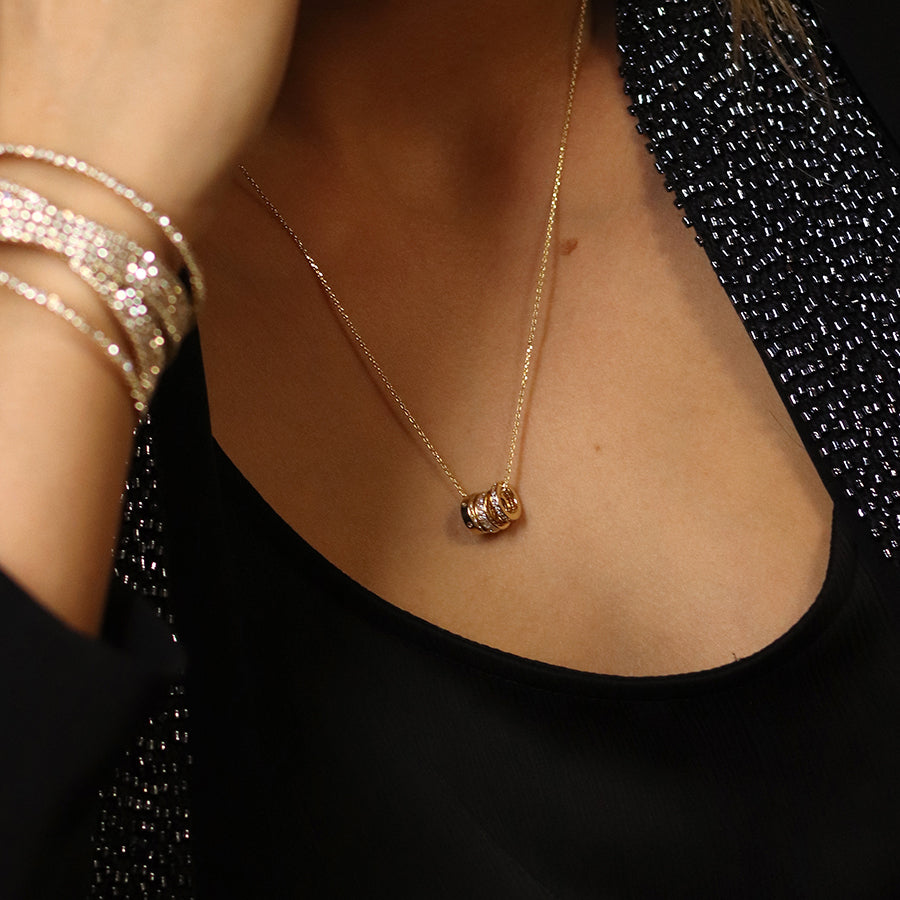 Pom Faux Gold Triple Mini Crystal Rings Necklace
