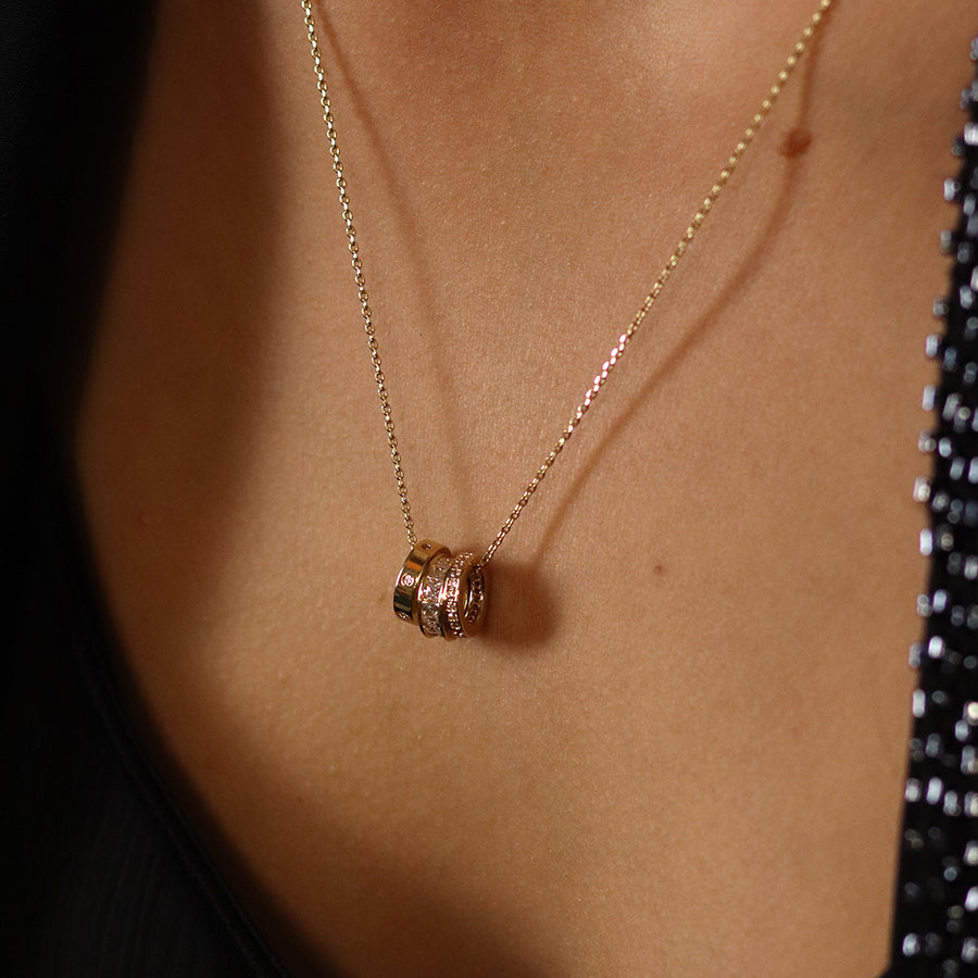Pom Faux Gold Triple Mini Crystal Rings Necklace