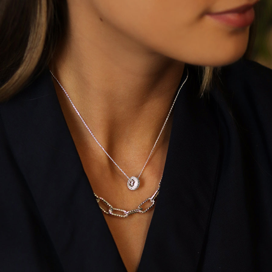 Pom Silver Plated Pave Crystal Mini Hoop Necklace