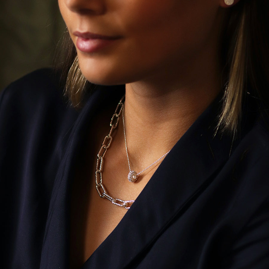 Pom Silver Plated Pave Crystal Mini Hoop Necklace