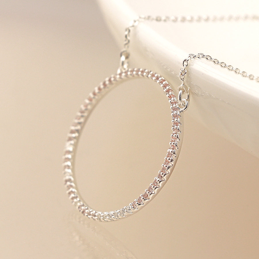 Pom Silver Plated Pave Crystal Simple Hoop Necklace