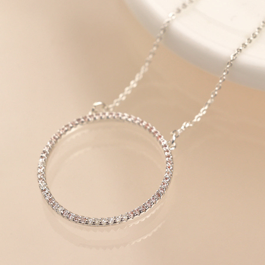 Pom Silver Plated Pave Crystal Simple Hoop Necklace