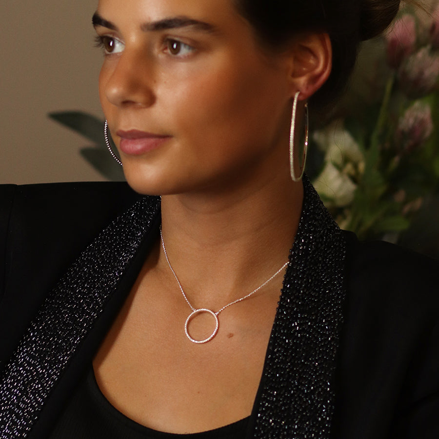 Pom Silver Plated Pave Crystal Simple Hoop Necklace
