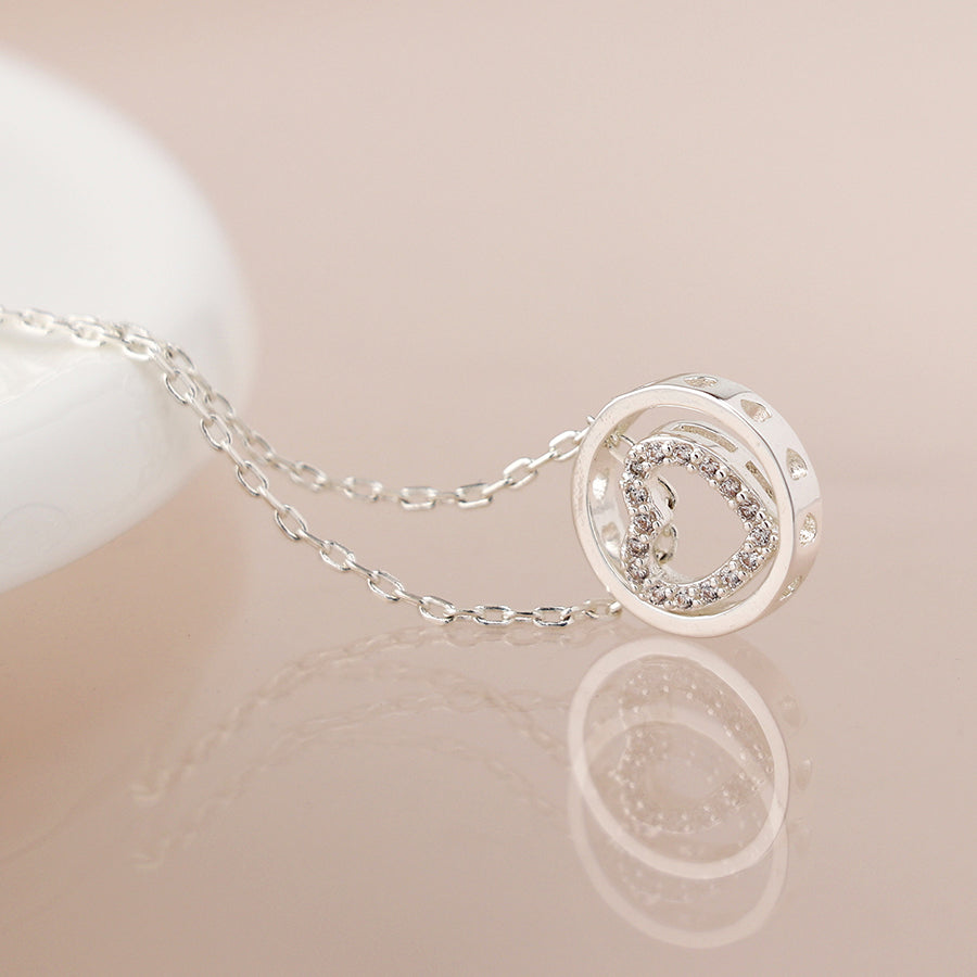 Pom Silver Plated Pave Crystal Heart In Hoop Slider Necklace