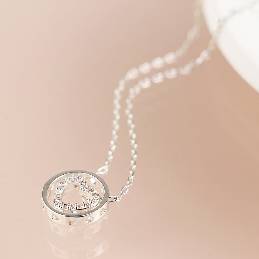 Pom Silver Plated Pave Crystal Heart In Hoop Slider Necklace
