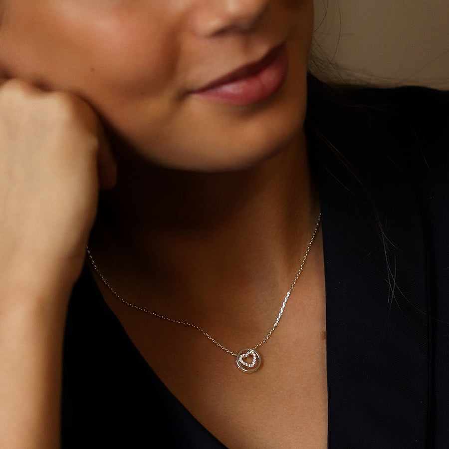 Pom Silver Plated Pave Crystal Heart In Hoop Slider Necklace