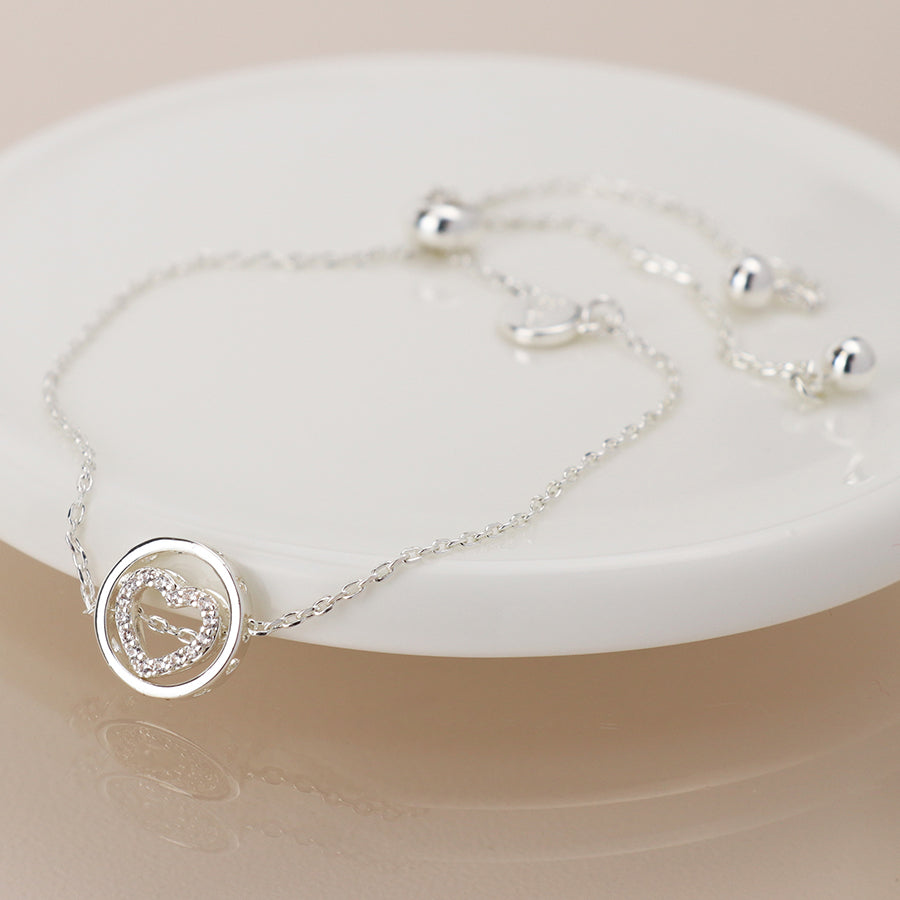 Pom Silver Plated Pave Crystal Heart in Hoop Slider Bracelet