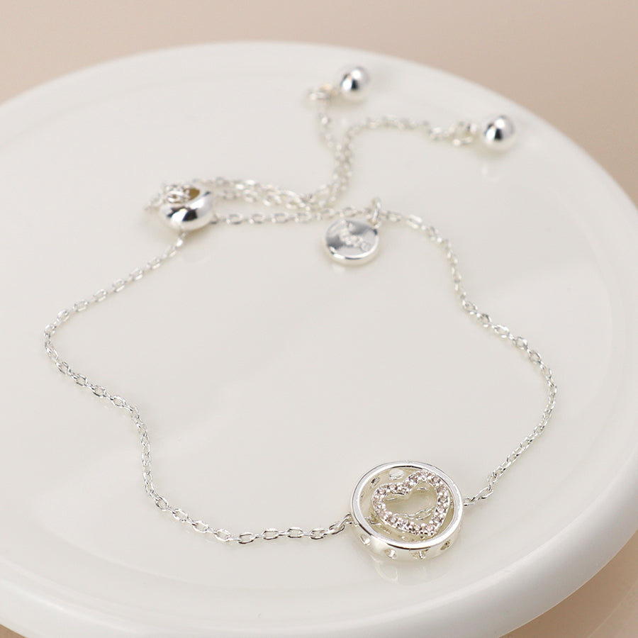 Pom Silver Plated Pave Crystal Heart in Hoop Slider Bracelet