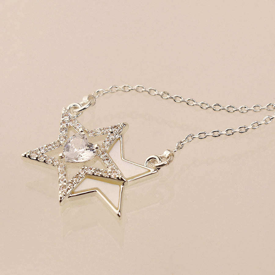 Pom Silver Plated Pave Crystal Double Star Necklace With Crystal Heart Centre