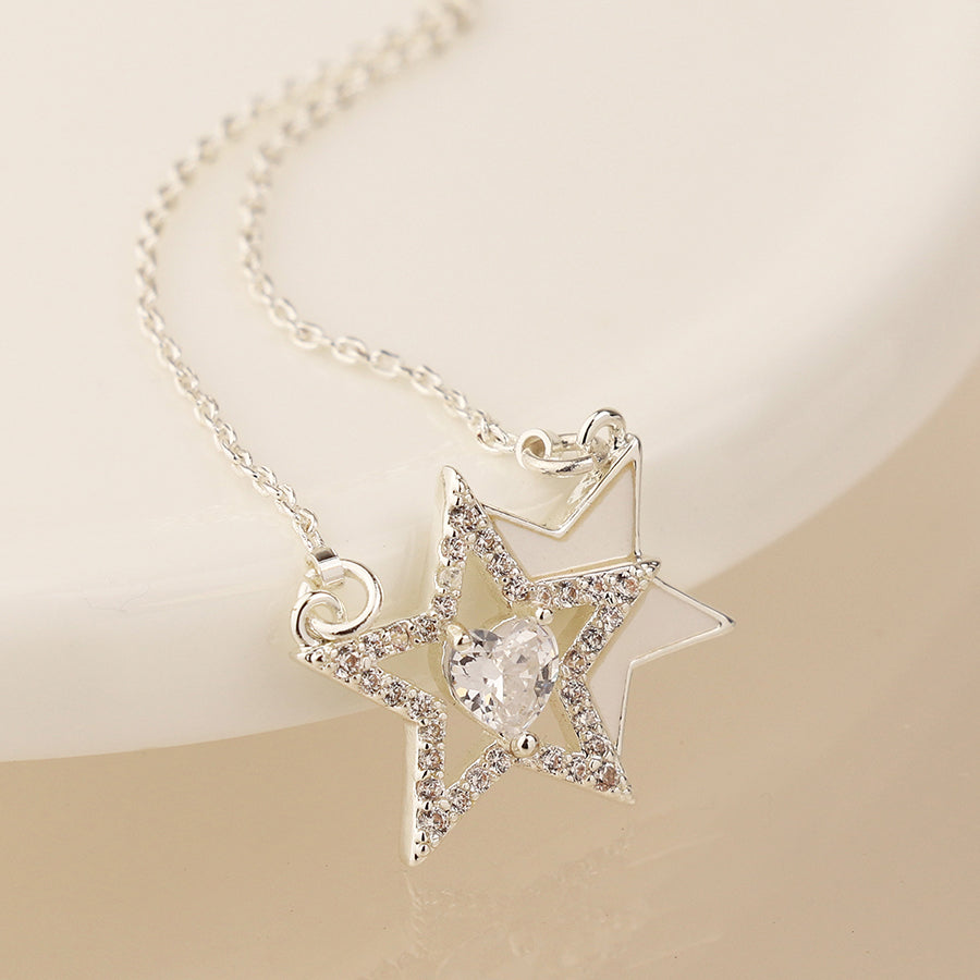 Pom Silver Plated Pave Crystal Double Star Necklace With Crystal Heart Centre
