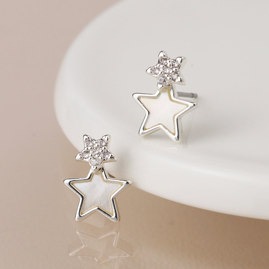 Pom Silver Plated Double Star Stud Earrings With Shell
