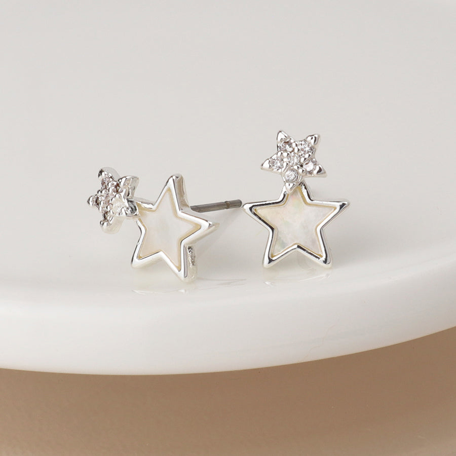 Pom Silver Plated Double Star Stud Earrings With Shell