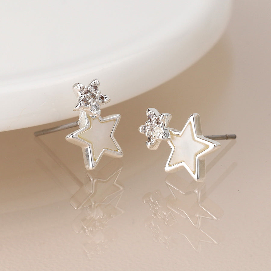 Pom Silver Plated Double Star Stud Earrings With Shell