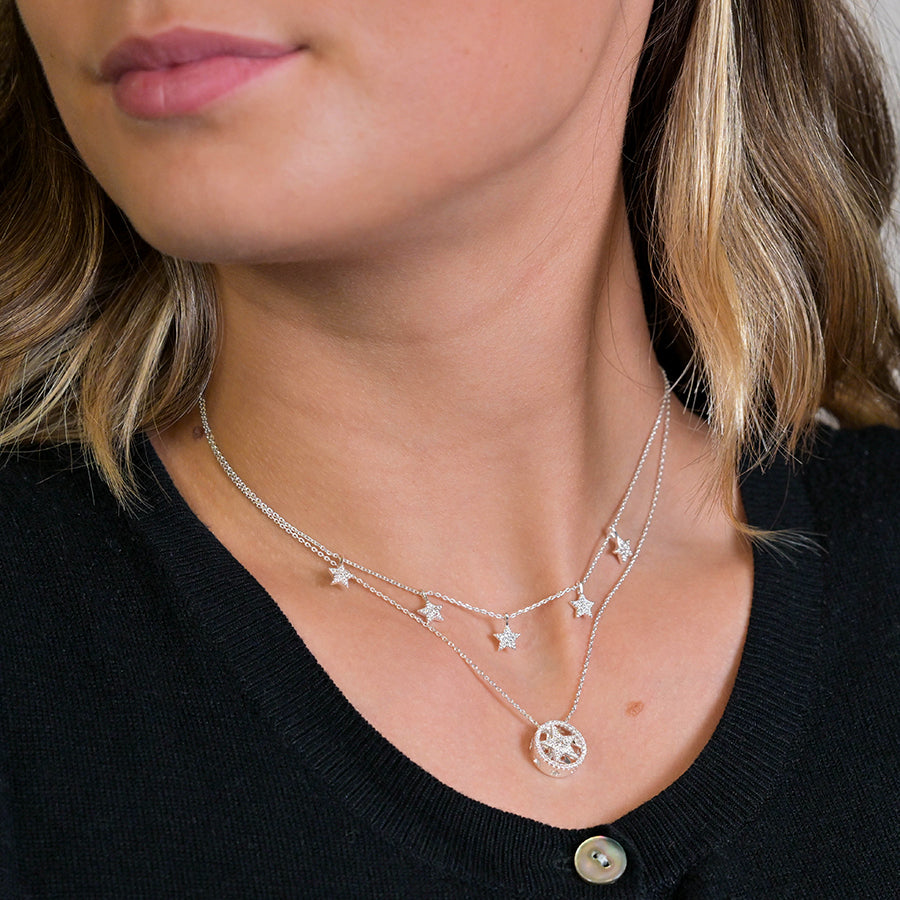 Pom Silver Plated Pave Crystal Star Charm Necklace