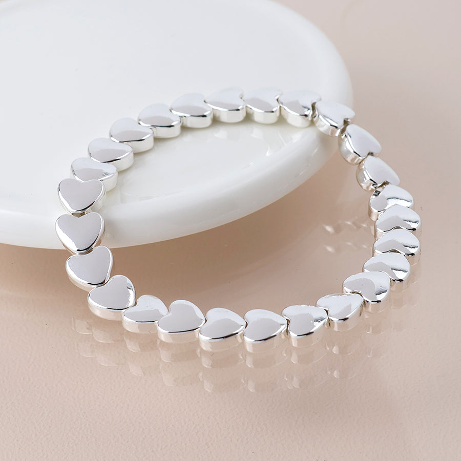 Pom Silver Silver Plated Smooth Hearts Beaded Stretch Bracelet