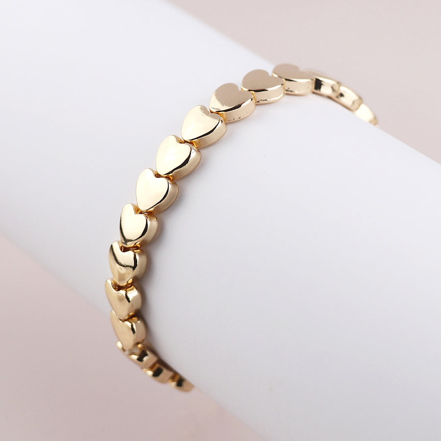 Pom Faux Gold Plated Smooth Hearts Beaded Stretch Bracelet