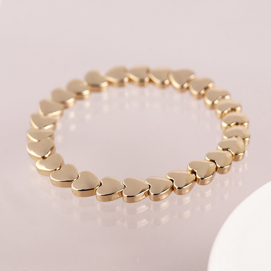 Pom Faux Gold Plated Smooth Hearts Beaded Stretch Bracelet