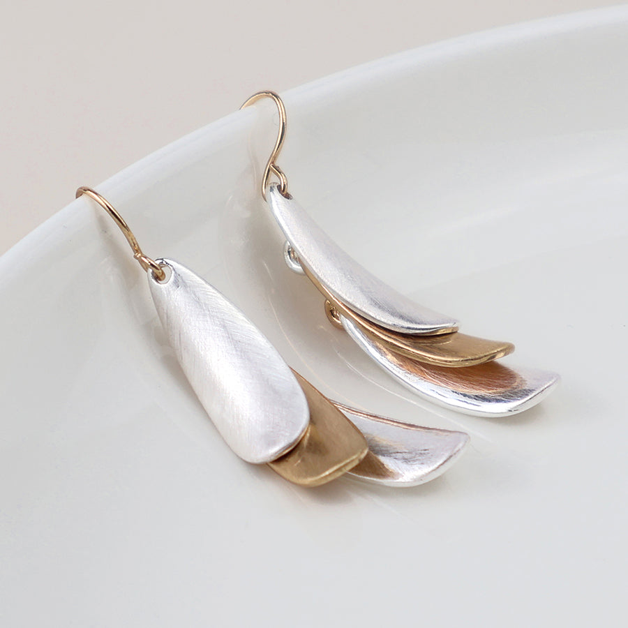 Pom Brushed Mixed Finished Triple Layer Drop Earrings