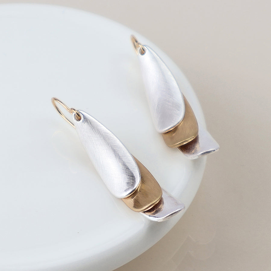 Pom Brushed Mixed Finished Triple Layer Drop Earrings
