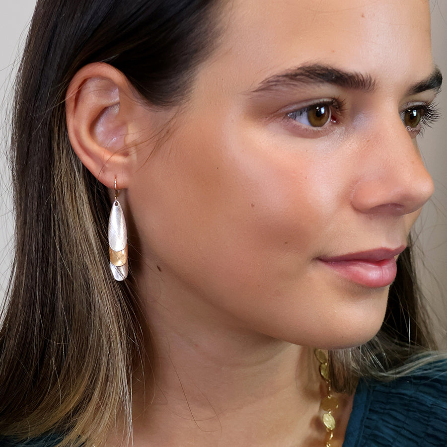 Pom Brushed Mixed Finished Triple Layer Drop Earrings