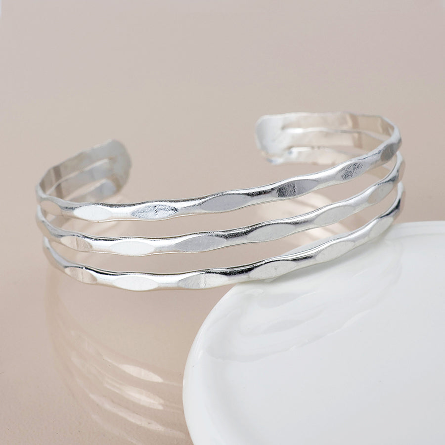Pom Worn Silver 3 Layer Open bangle