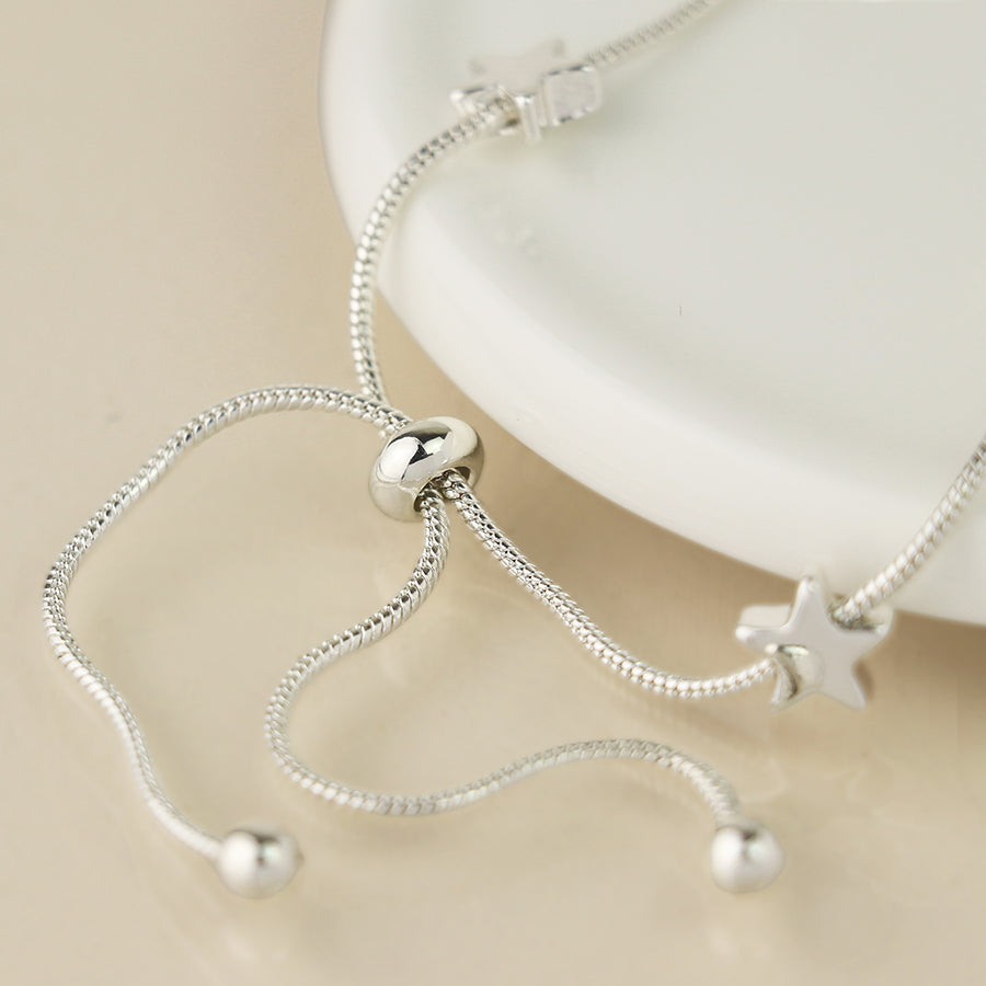 Pom Silver Plated Stars Adjustable Snake Chain Bracelet