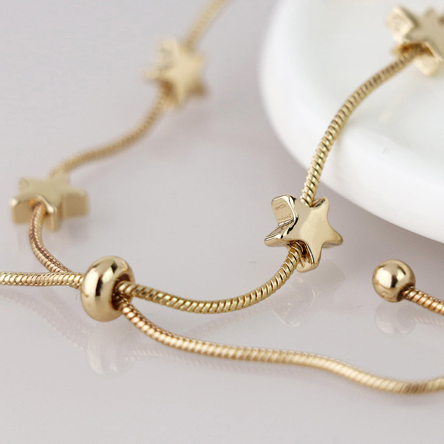 Pom Faux Gold Stars Adjustable Snake Chain Bracelet