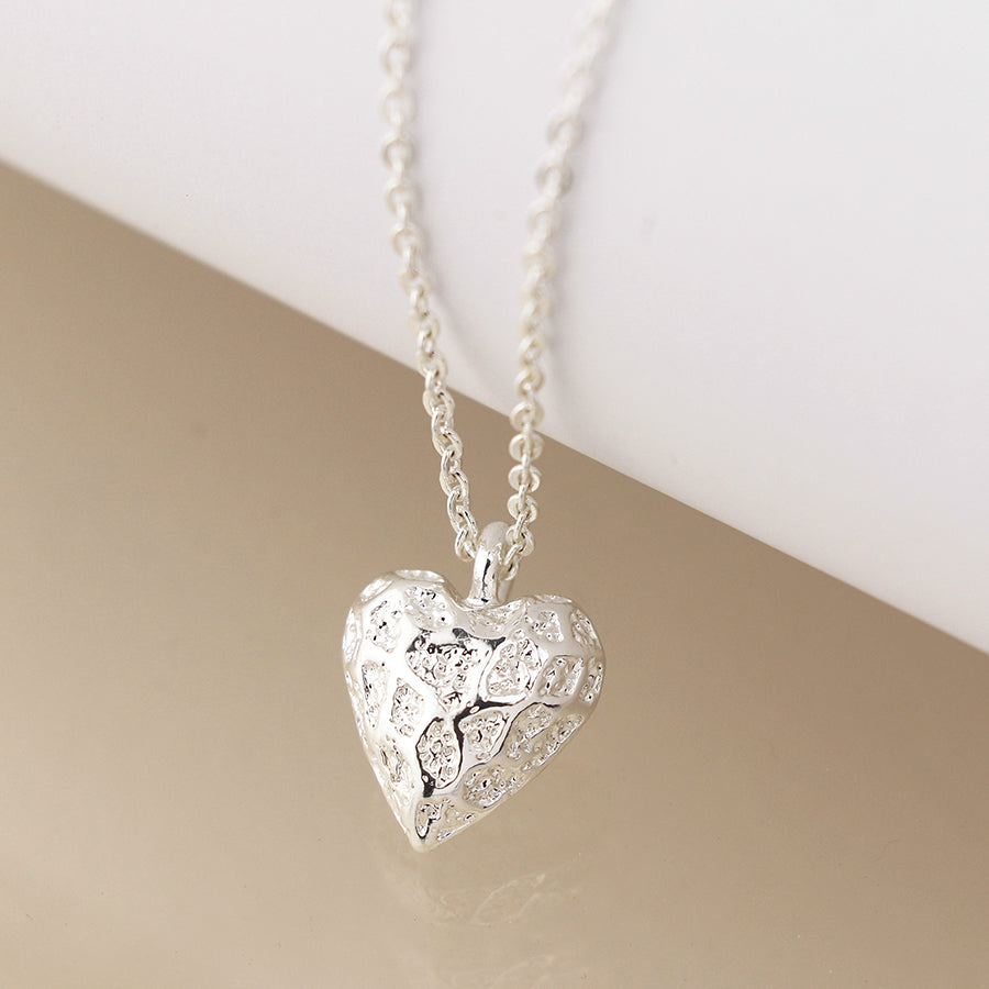 Pom Silver Plated Vintage Embossed Heart Pendant Necklace