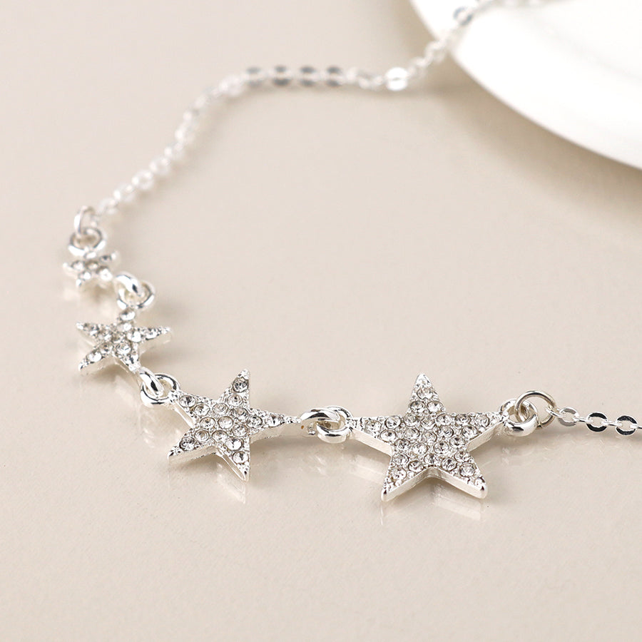 Pom Silver Plated Crystal Graduated Stars Necklace