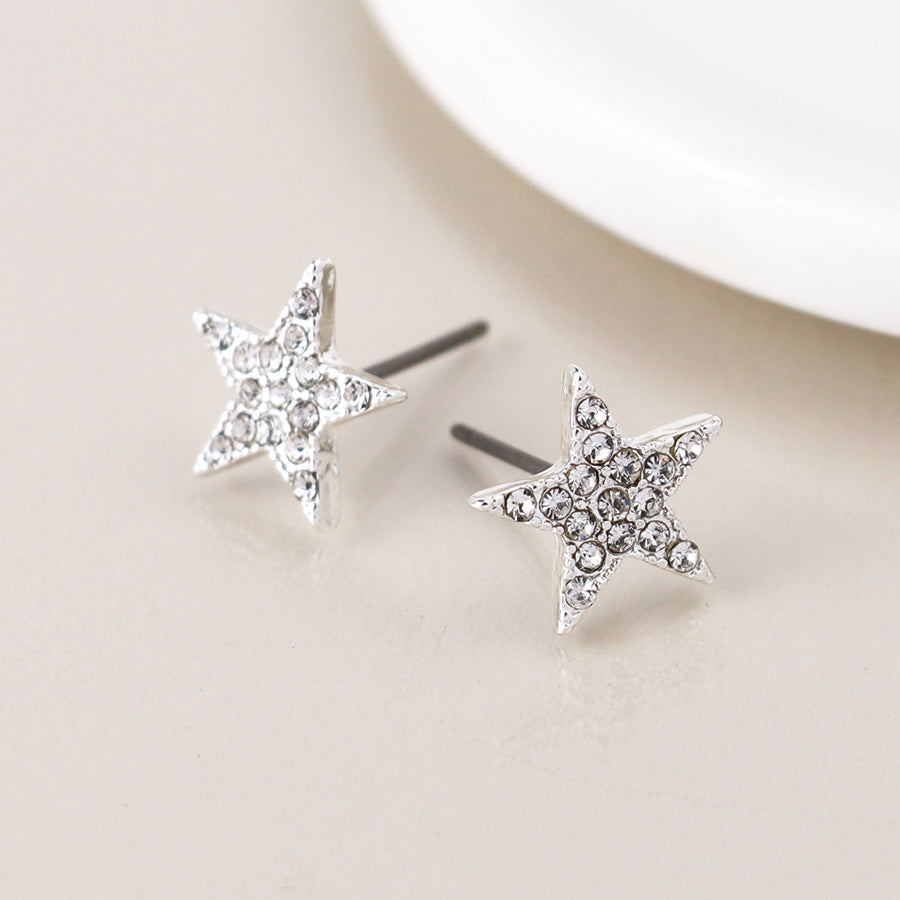 Pom Silver Plated Pave Crystal Star Studs