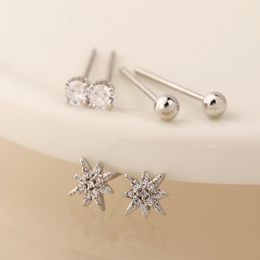 Pom Silver Plated Star, Crystal And Simple Round Set