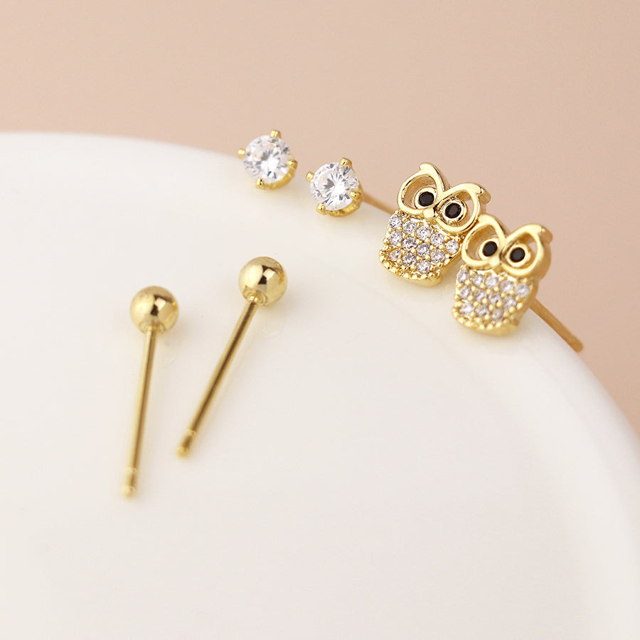 Pom Gold Plated Owl Mix 3 Pack Stud Set