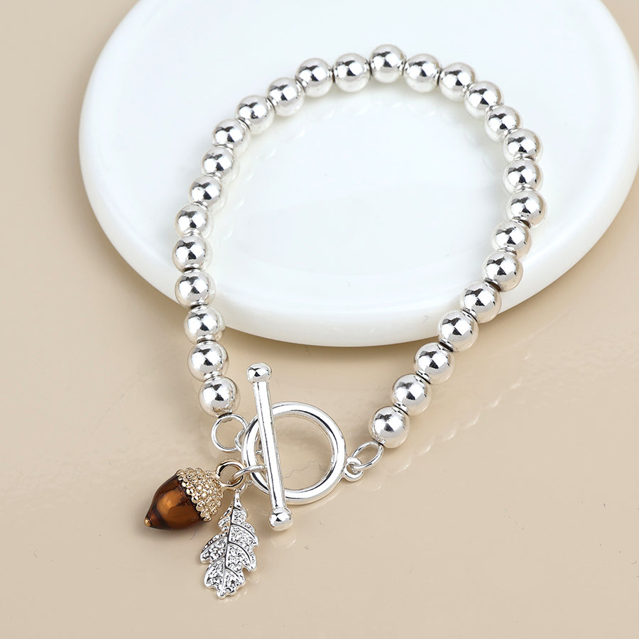 POM Silver Plated Bead, Oak Leaf and Acorn Charm Bracelet