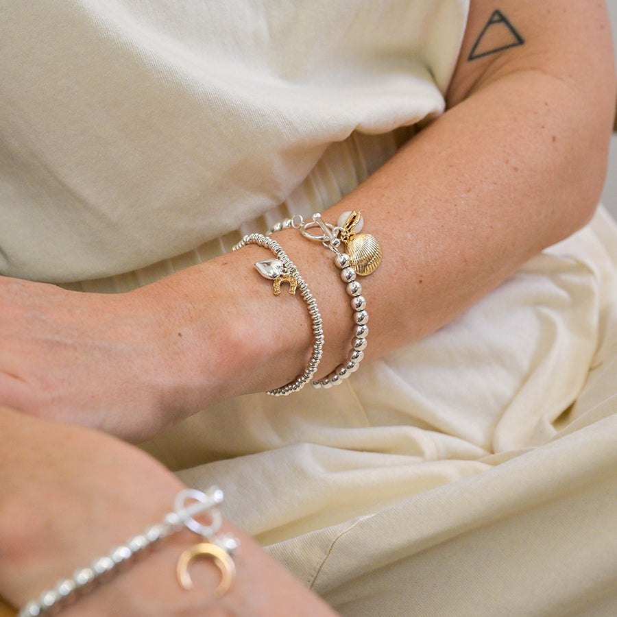 POM Silver Plated Bead, Clam Shell and Cowrie Charm Bracelet