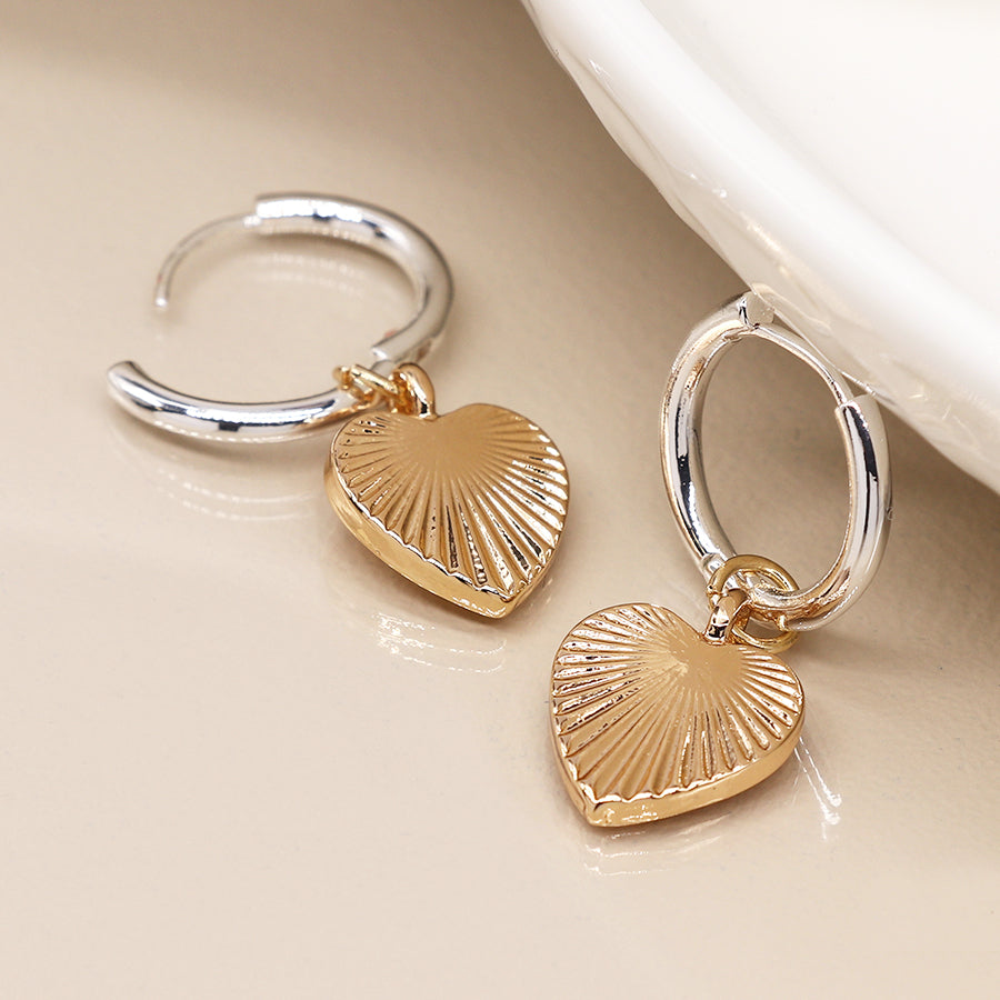 Sleeper Hoop Earrings with Faux Gold Textured Heart Drops