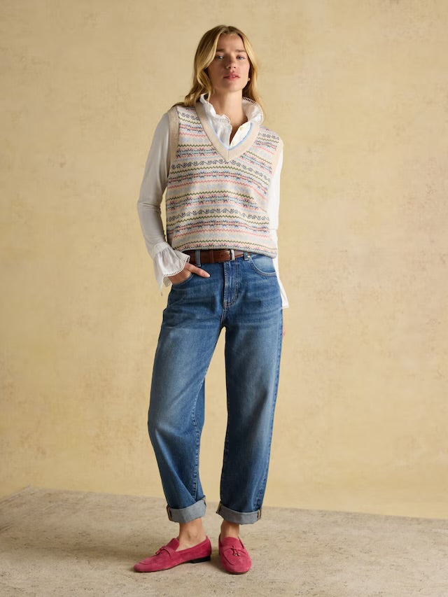 Joules Islay Cream V Neck Fairisle Cotton Rich Vest