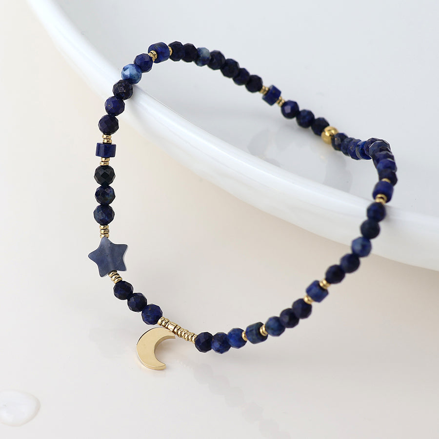 POM Waterproof gold plated lapis and crescent moon bracelet