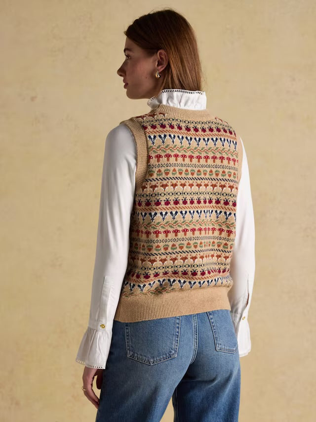 Joules Woodland Oatmeal Cotton-Rich Intarsia Crew Neck Knitted Vest