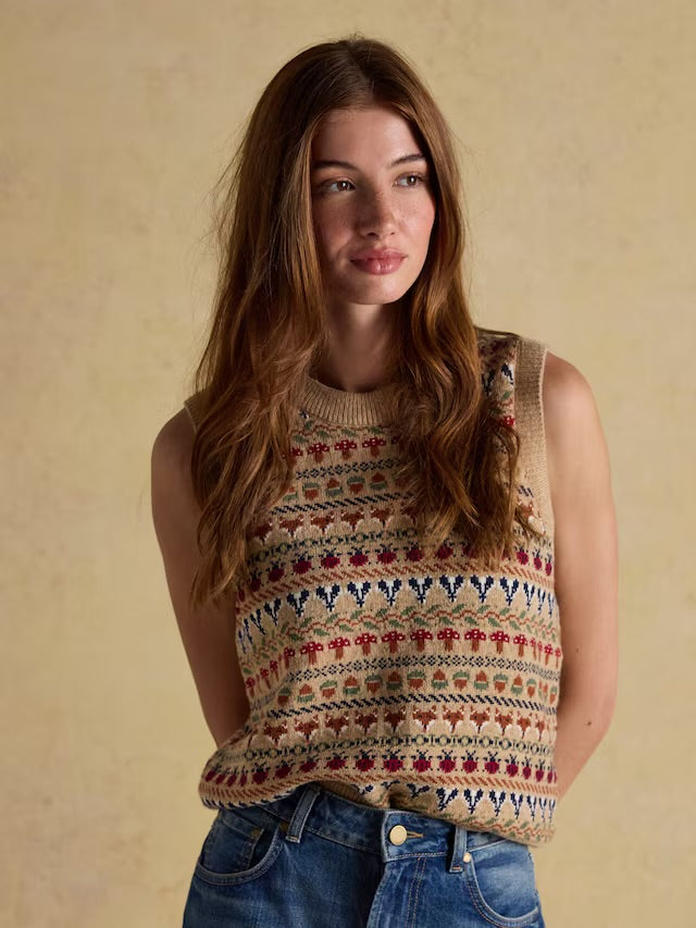 Joules Woodland Oatmeal Cotton-Rich Intarsia Crew Neck Knitted Vest