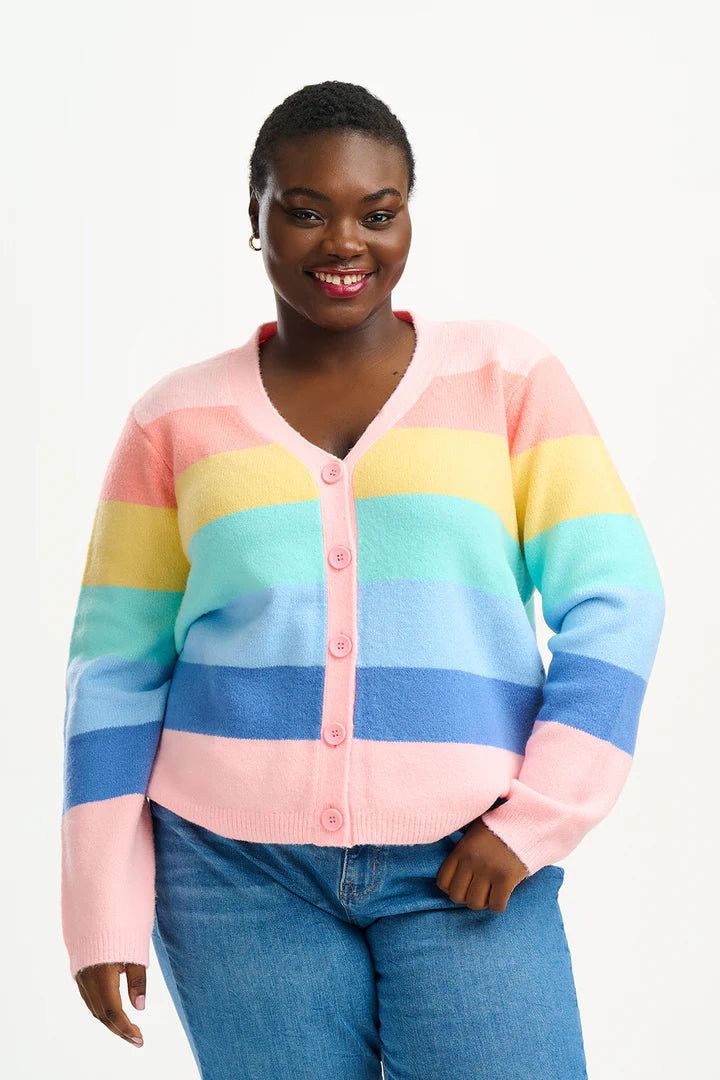 Sugarhill Izzy Cardigan - Multi, Pastel Rainbow Stripes