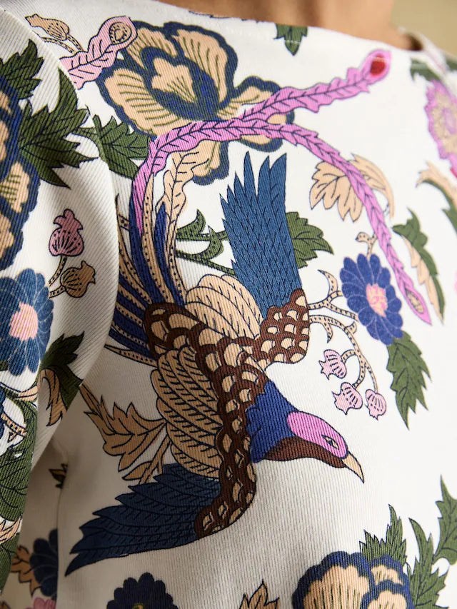 Joules Harbour Cream Bird Floral Boat Neck Printed Top